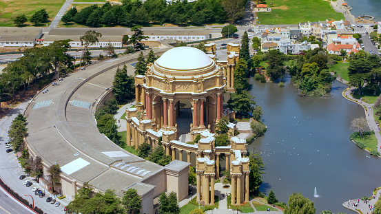 Aerial view of The Palace of Fine Arts in Marina District, San Francisco, California, USA.