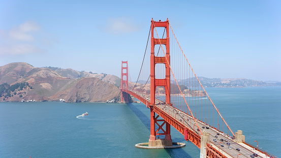 Aerial view of the Golden Gate Bridge crossing the San Francisco Bay in San Francisco, California, USA.