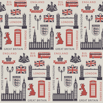 Vector seamless Background on UK and London theme with British symbols, architectural landmarks and flag of the United Kingdom in retro style. Can be used as wallpaper or wrapping paper