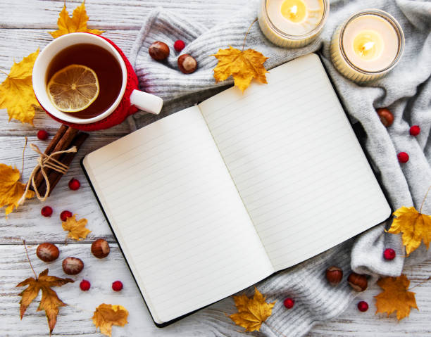 istock autumn flat lay with notebook, cup of tea and leaves 1068275956