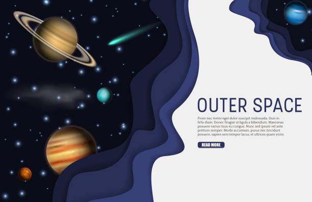 Vector paper cut outer space web banner template Outer space web banner template. Vector paper cut sky, planets, comet and stars. Space exploration concept, paper art style. jupiter stock illustrations
