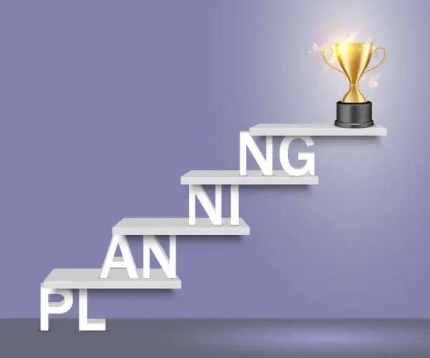 Vector illustration of Planning word ladder with trophy cup vector realistic illustration