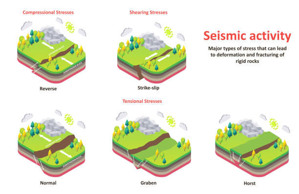 illustrations, cliparts, dessins animés et icônes de diagramme isométrique d’activité sismique terre croûte contraintes vectoriel - quake damaged section