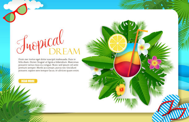 illustrations, cliparts, dessins animés et icônes de vector papier découpé rêve tropical destination page site modèle - romance travel backgrounds beaches holidays and celebrations