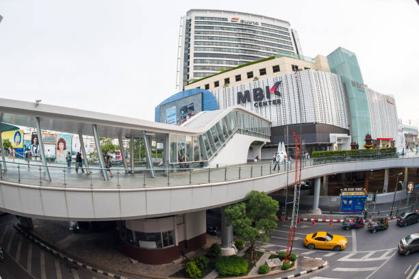 fisheye view, the new renovated of mbk shopping center. mbk is a big shopping mall, restaurants, it product, mobile phone. famous destinations in bangkok, thailand - mbk imagens e fotografias de stock