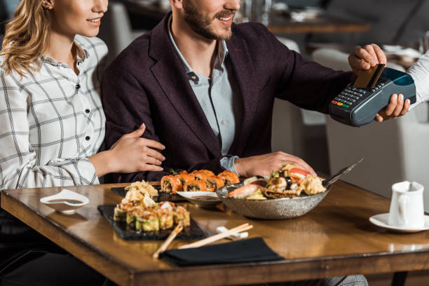 istock Partial view of couple sitting at table while man paying for dinner in restaurant 1068293324