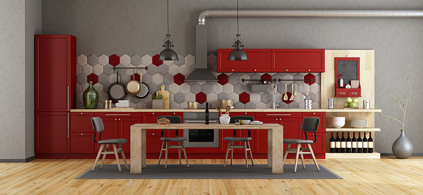 Retro red kitchen with wooden dining table and chairs - 3d rendering\nNote: the room does not exist in reality, Property model is not necessary
