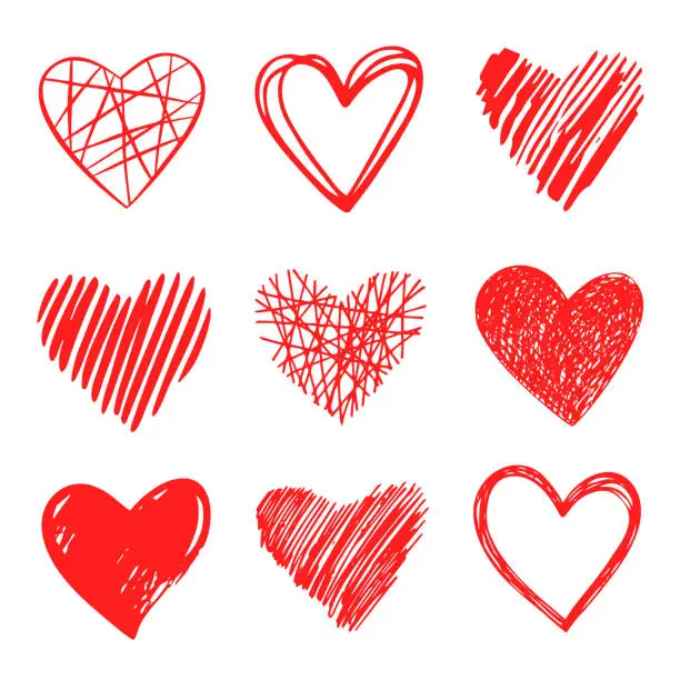 Vector illustration of Vector hand pen drawn collection of graphic hearts. Design elements for Valentine's day. Vector hand pen drawn collection of graphic hearts. Design elements for Valentine's day. Pen drawing.