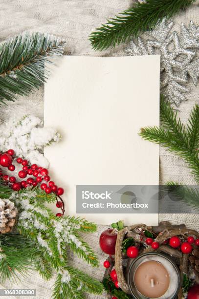 Christmas Background With Artificial Snow Candle And Christmas Tree  Branches Top View Stock Photo - Download Image Now - iStock