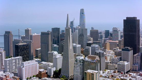 Aerial view of the Financial District of San Francisco in California, USA.