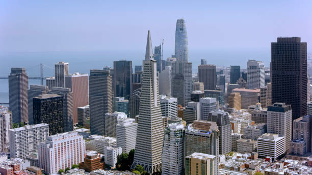 Aerial view of Financial district in San Francisco Aerial view of the Financial District of San Francisco in California, USA. transamerica pyramid san francisco stock pictures, royalty-free photos & images