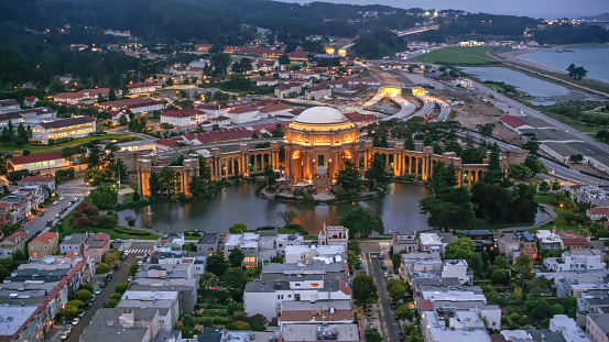 Aerial view of the Marina District in San Francisco with the Palace of Fine Arts at dusk, California, USA.