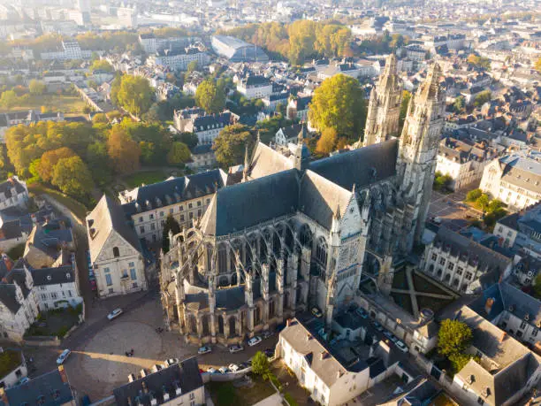 Aerial view of Tours cityscape with famous Cathedral in sunrise