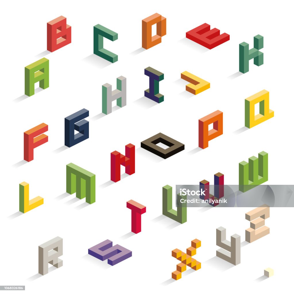 alphabet isometric letters Three Dimensional stock vector