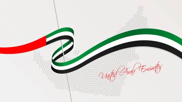 Vector illustration of Wavy national flag and radial dotted halftone map of United Arab Emirates