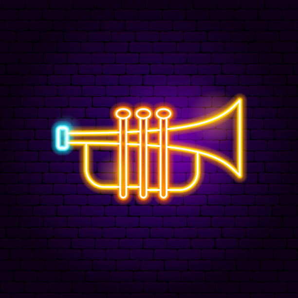ilustraciones, imágenes clip art, dibujos animados e iconos de stock de trompeta de neón - bugle trumpet jazz music