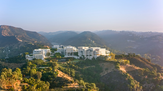 Aerial view of the Getty center, art museum in Los Angeles, California, USA.