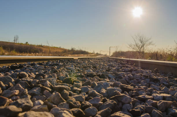 istock Railway leading to the mine territory with a stone balance. 1068335764