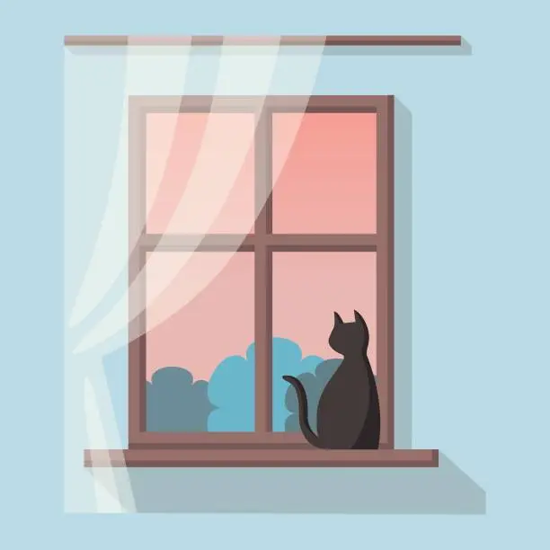 Vector illustration of Wooden window with pink and blue landscape view. Black cat is sitting on the windowsill and looks away. Vector illustration in flat cartoon style. Cosy sweet home interior.