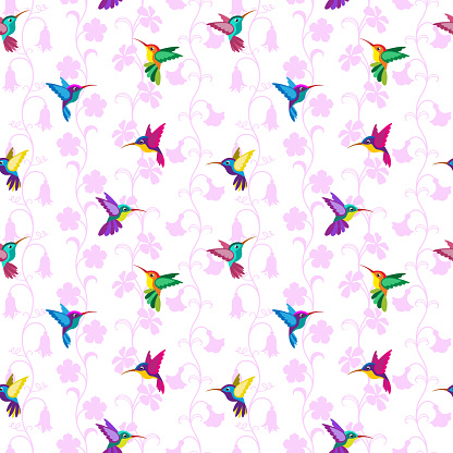 Seamless pattern with hummingbirds and flowers. Separated white background. Swatch is included in EPS file.