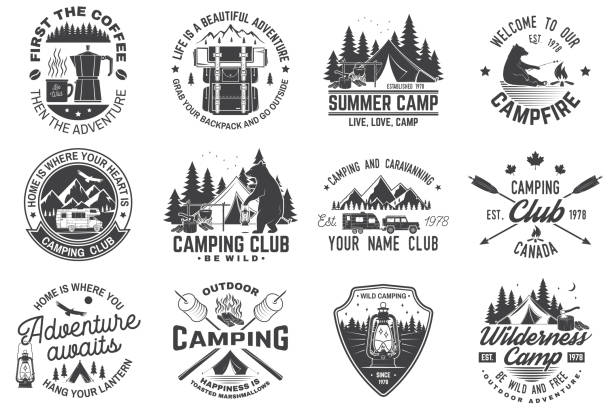 Summer camp. Vector. Concept for shirt or patch, print, stamp or tee. Vintage typography design with rv trailer, camping tent, campfire, bear, coffee maker, pocket knife and forest silhouette.