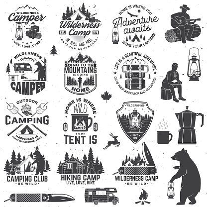 Wilderness camp. Be wild and free. Vector. Concept for badge, shirt or , print, stamp, patch or tee Vintage typography design with trailer, tent, campfire, bear, pocket knife and forest silhouette