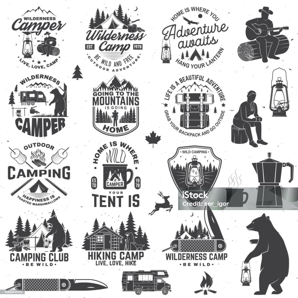 Wilderness camp. Be wild and free. Vector. Concept for badge, shirt or , print, stamp, patch. Vintage typography design with trailer, tent, campfire, bear, pocket knife and forest silhouette Wilderness camp. Be wild and free. Vector. Concept for badge, shirt or , print, stamp, patch or tee Vintage typography design with trailer, tent, campfire, bear, pocket knife and forest silhouette Camping stock vector