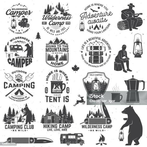 Wilderness Camp Be Wild And Free Vector Concept For Badge Shirt Or Print Stamp Patch Vintage Typography Design With Trailer Tent Campfire Bear Pocket Knife And Forest Silhouette Stock Illustration - Download Image Now