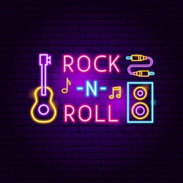 illustrazioni stock, clip art, cartoni animati e icone di tendenza di segno al neon rock n roll - guitar celebration line art musical instrument