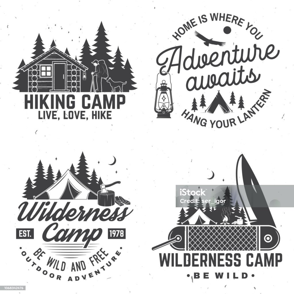 Happy camper. Vector. Concept for shirt or , print, stamp. Vintage design with lantern, pocket knife, campin tent, axe, camping tent, campfire, forest cabin and forest silhouette. Happy camper. Vector. Concept for shirt or , print, stamp or tee. Vintage design with lantern, pocket knife, campin tent, axe, camping tent, campfire, forest cabin and forest silhouette. Log Cabin stock vector