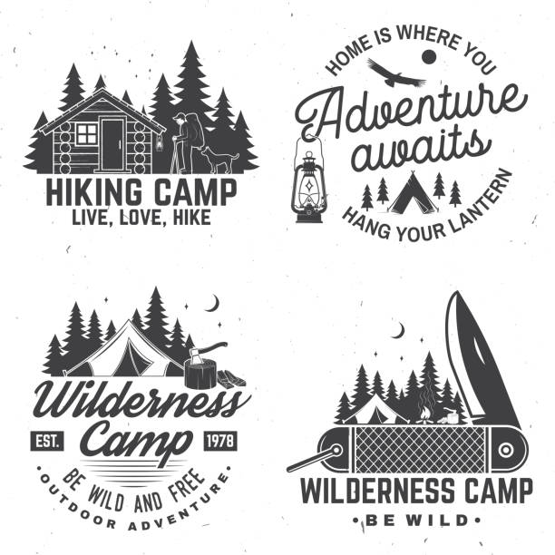 Happy camper. Vector. Concept for shirt or , print, stamp. Vintage design with lantern, pocket knife, campin tent, axe, camping tent, campfire, forest cabin and forest silhouette. Happy camper. Vector. Concept for shirt or , print, stamp or tee. Vintage design with lantern, pocket knife, campin tent, axe, camping tent, campfire, forest cabin and forest silhouette. camping drawings stock illustrations