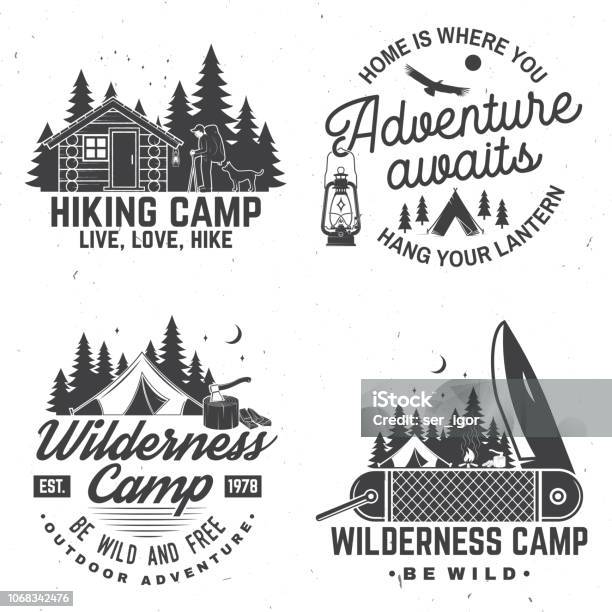 Happy Camper Vector Concept For Shirt Or Print Stamp Vintage Design With Lantern Pocket Knife Campin Tent Axe Camping Tent Campfire Forest Cabin And Forest Silhouette Stock Illustration - Download Image Now