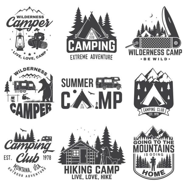 Summer camp. Vector illustration. Concept for shirt or patch, print, stamp. Vintage typography design with rv trailer, camping tent, campfire, bear, man with guitar and forest silhouette. Summer camp. Vector illustration. Concept for shirt or patch, print, stamp or tee. Vintage typography design with rv trailer, camping tent, campfire, bear, man with guitar and forest silhouette. summer camp cabin stock illustrations