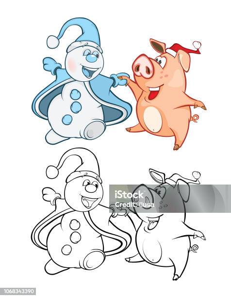 Vector Illustration Of Cute Pig And Snowman Coloring Book Cartoon Stock Illustration - Download Image Now