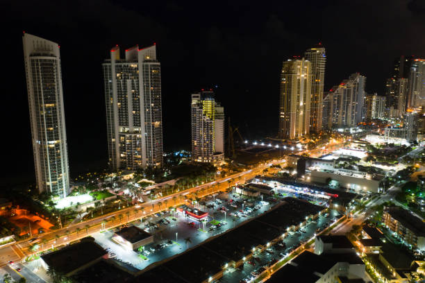 istock Highrise buildings at night 1068343520