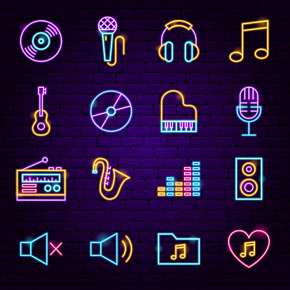 Music Neon Icons. Vector Illustration of Audio Symbols.