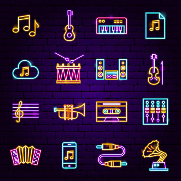 illustrazioni stock, clip art, cartoni animati e icone di tendenza di icone al neon audio musicale - guitar celebration line art musical instrument