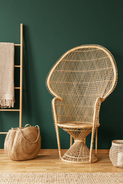 chaise de rotin de paon à côté de sac et échelle en intérieur plat vert avec couverture et tapis. vraie photo - wicker photos et images de collection