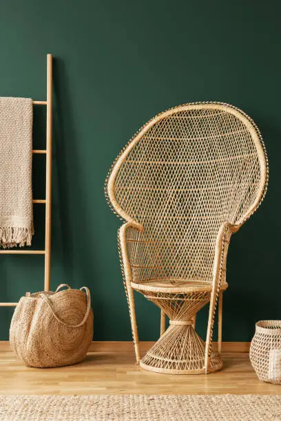 Peacock rattan chair next to bag and ladder in green flat interior with blanket and rug. Real photo