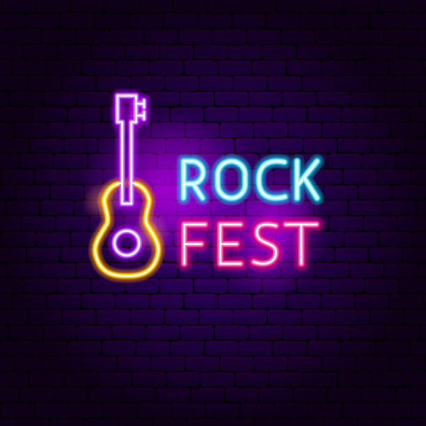 illustrazioni stock, clip art, cartoni animati e icone di tendenza di segno al neon del rock fest - guitar celebration line art musical instrument