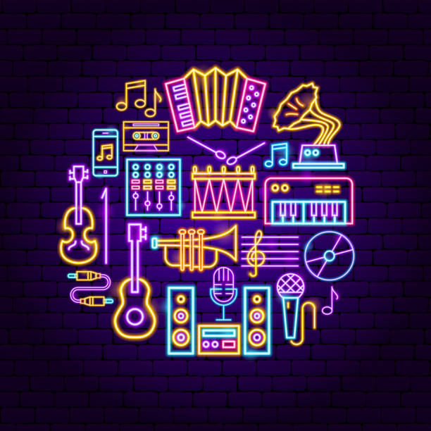 illustrazioni stock, clip art, cartoni animati e icone di tendenza di concetto di musica neon - guitar celebration line art musical instrument