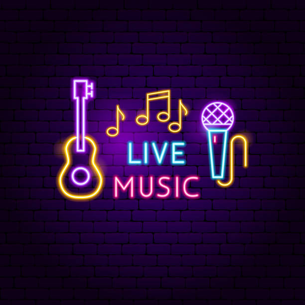 Live Music Neon Sign Live Music Neon Sign. Vector Illustration of Sound Promotion. neon music notes stock illustrations