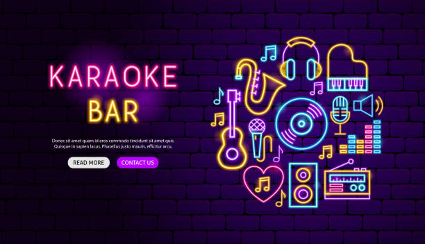 illustrazioni stock, clip art, cartoni animati e icone di tendenza di karaoke bar neon banner design - guitar celebration line art musical instrument