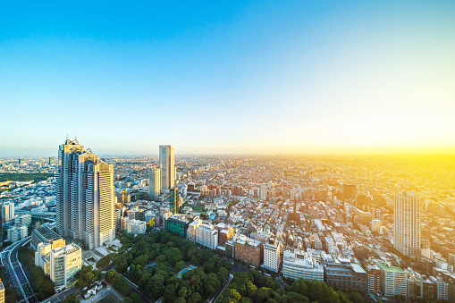 Asia Business concept for real estate and corporate construction - panoramic modern city skyline aerial view of shinjuku area under twilight sky and dramatic sunset in Tokyo, Japan