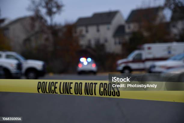 Crime Scene With A Marked Police Cruiser Stock Photo - Download Image Now - Police Force, USA, Crime Scene