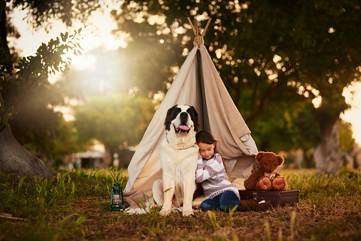 Shot of a cute little girl playing outside a teepee with her dog