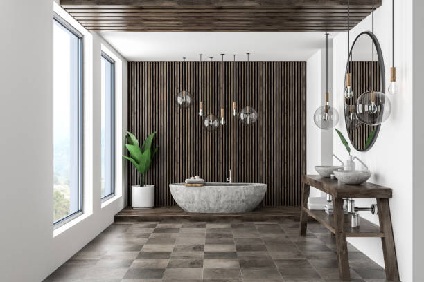 istock White and wooden bathroom interior 1068358806