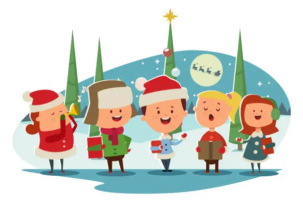 Vector illustration of Christmas Caroling. Cute children choir singing carols. Vector cartoon illustration on a winter landscape.