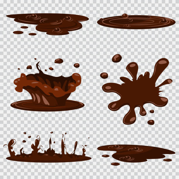 ilustrações, clipart, desenhos animados e ícones de desenhos animados de vetor de lama poça conjunto isolado no fundo transparente. coleção de ícone de respingo de chocolate. - hot chocolate