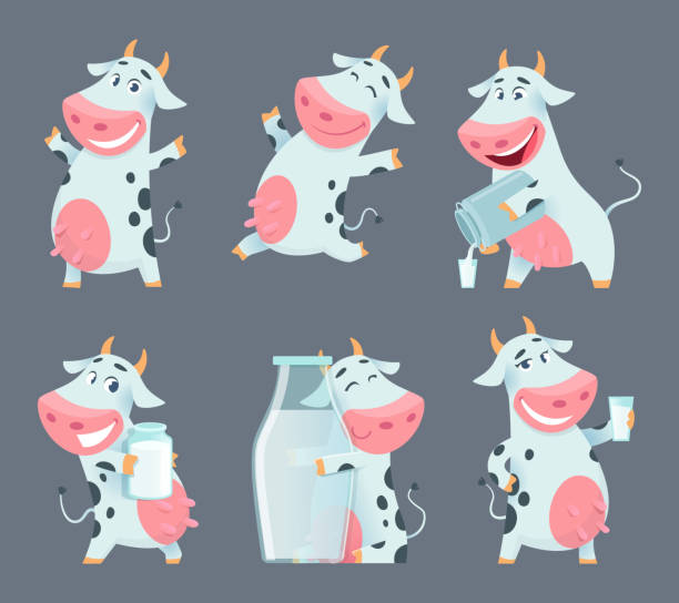 Cow cartoon. Cute farm milk animal character in various action poses vector funny mascot Cow cartoon. Cute farm milk animal character in various action poses vector funny mascot. Illustration of farm cow animal with milk bottle mascot illustrations stock illustrations